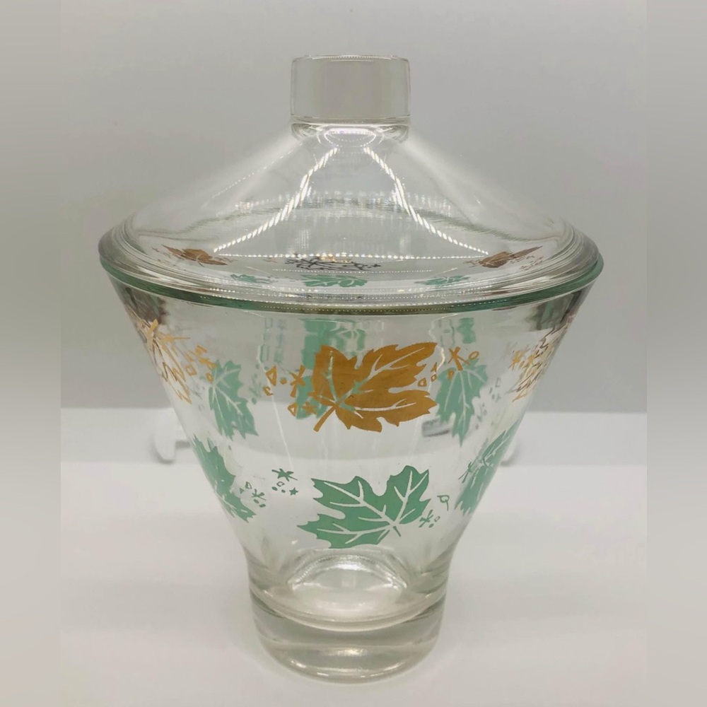 VTG HAZEL ATLAS TURQUOISE & GOLD LEAF GLASS LIDDED CANDY JAR